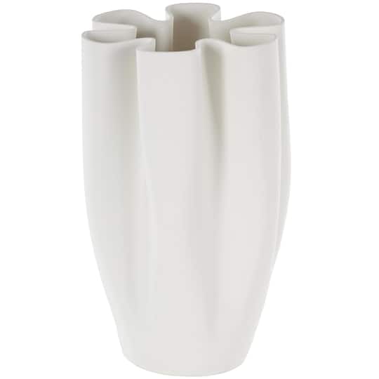 White Ceramic Abstract Ribbed Dimensional Folded Vase with Floral Shaped Rim